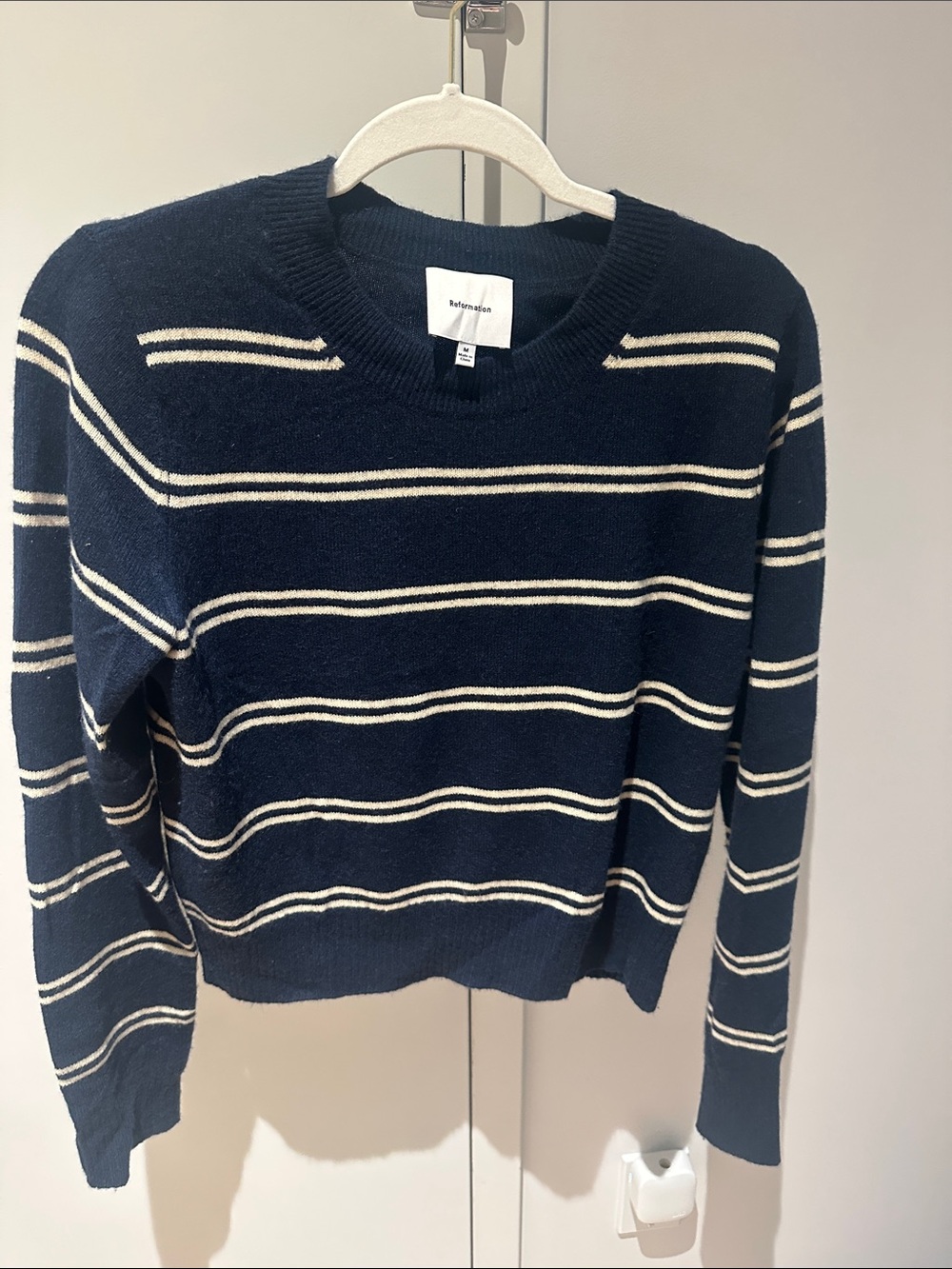 Reformation cashmere Navy and Cream Striped Crewneck Sweater